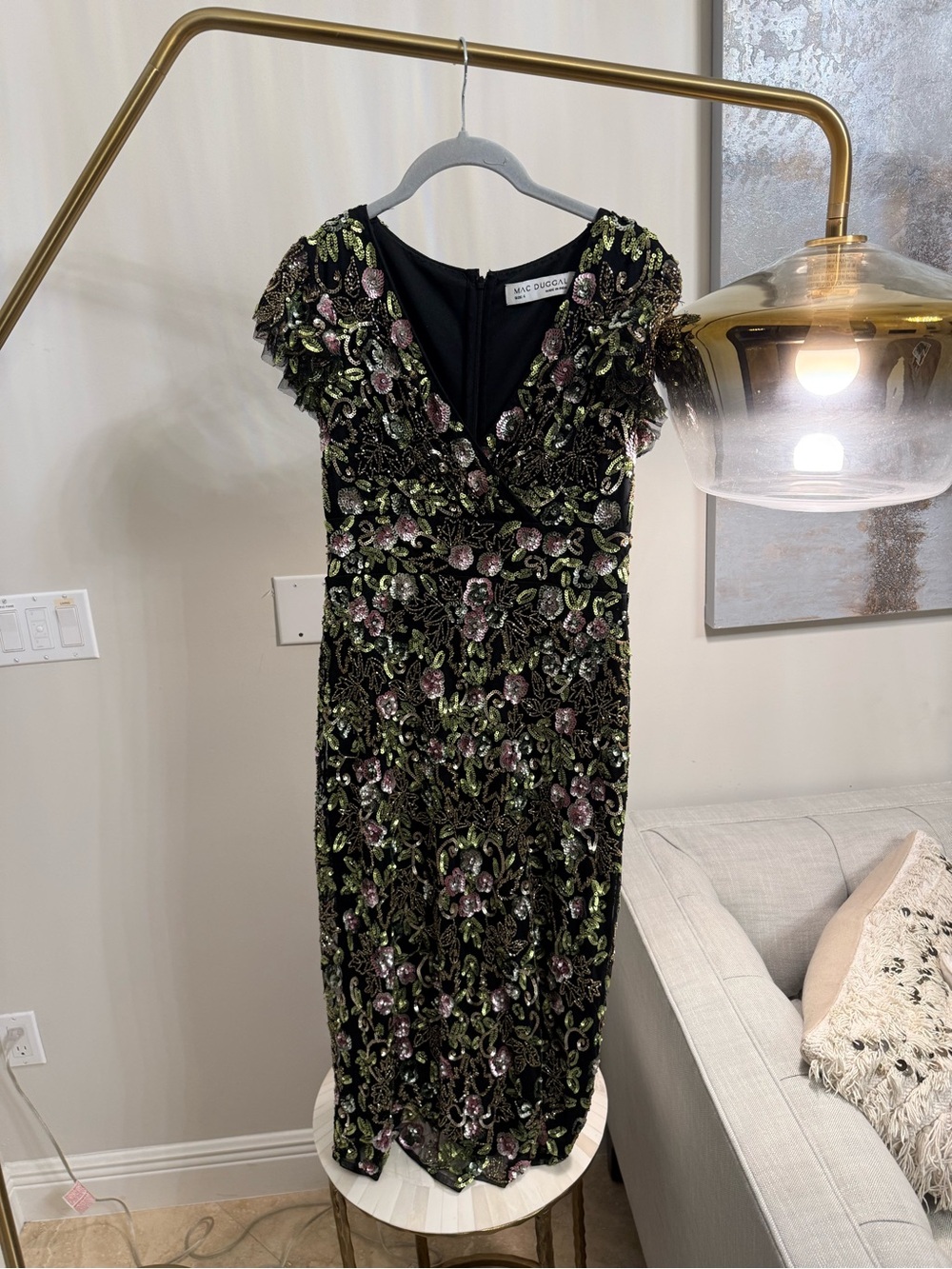 Mac Duggal Black Floral Sequin Midi Dress with Green and Mauve Accents size 4